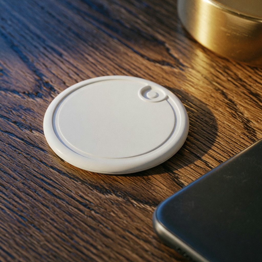 Tag NFC blanc posé sur un bureau en bois, à côté d’un iPhone.