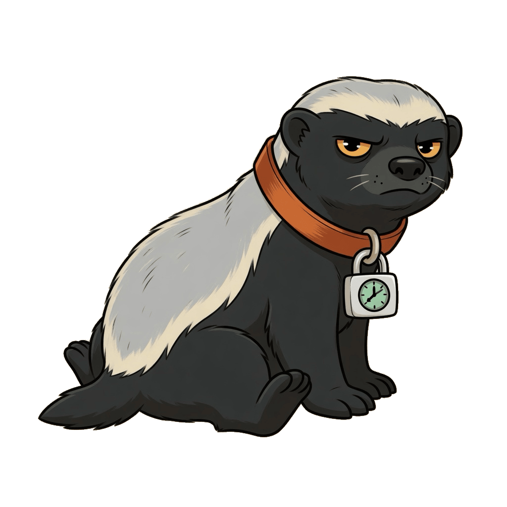 Le ratel de TimeVault, cadenas au cou, pas impressionné.